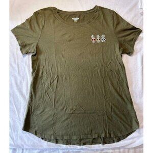 Old Navy Olive Green Pineapple Embroidered T-Shirt M 100% Cotton Womens Casual T